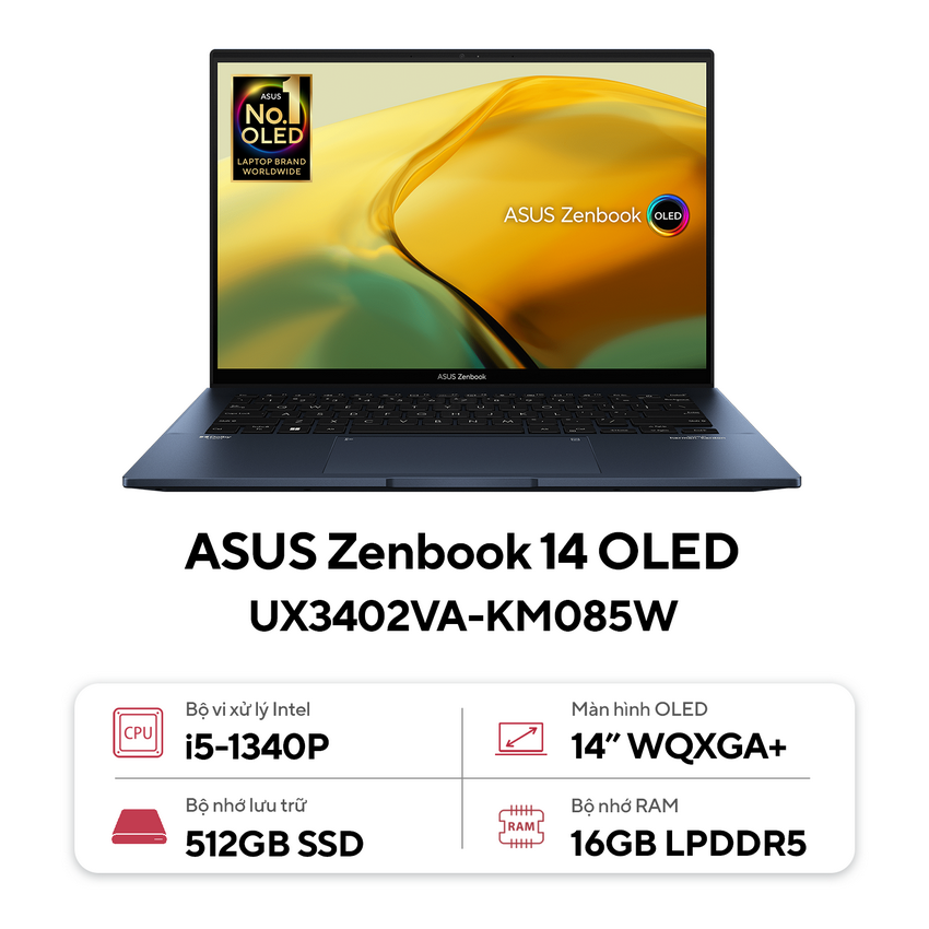 Laptop Asus ZenBook UX3402VA-KM085W (i5 1340P/16GB RAM/512GB SSD/14 Oled/Win11/Cáp/Túi/Xanh)