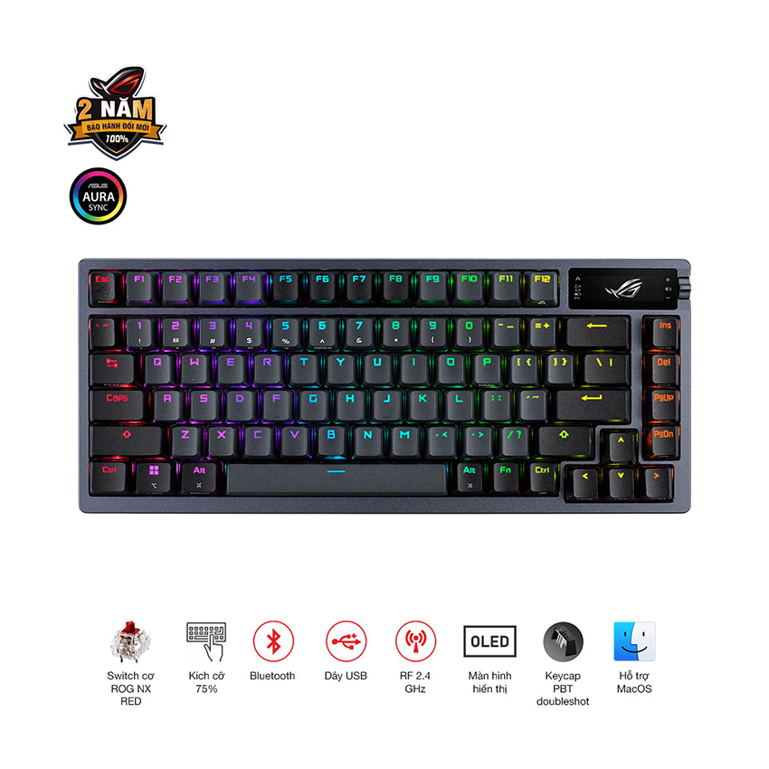 Bàn phím cơ ASUS ROG AZOTH NX Đen Red Switch (Wireless/Bluetooth/USB/OLED-SCR)